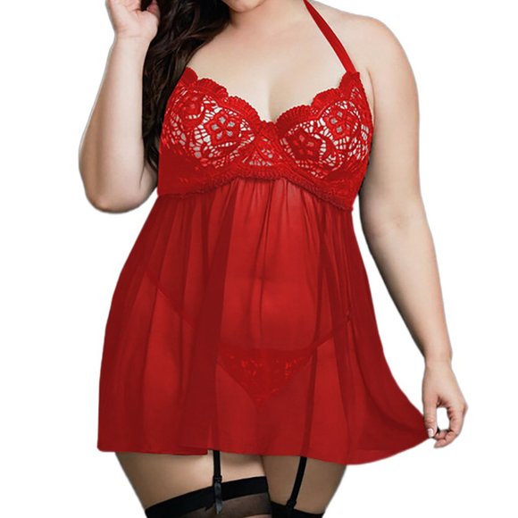 Red Plus Size Black Mesh & Venice Embroidery Lace Babydoll - Picture 3 of 4